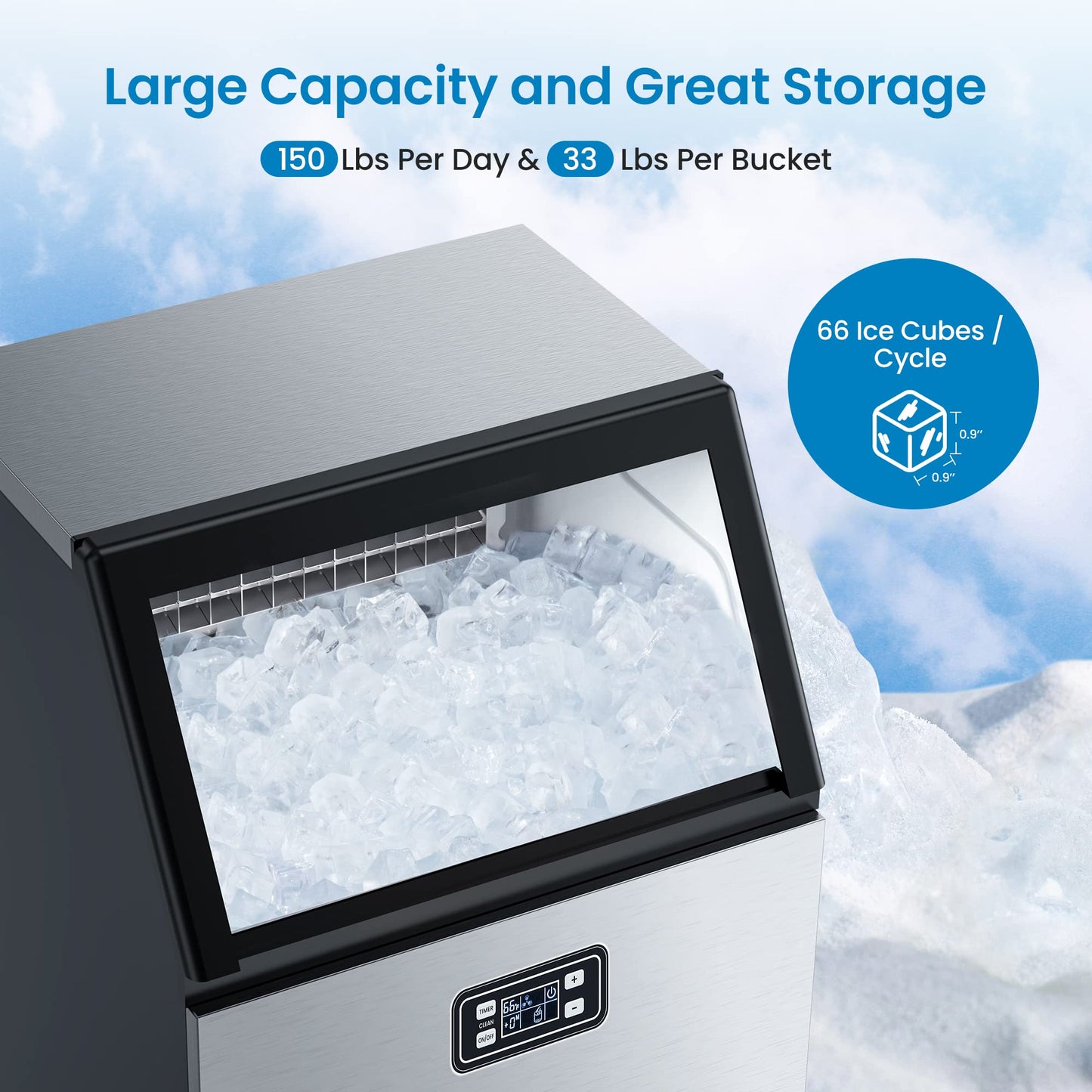 Aconee 150LBS/24H Commercial Ice Maker, Ice Maker Machine with 33LBS Storage Capacity, Stainless Steel Ice Machine for Undercounter or Freestanding, Self-Cleaning, 66 Ice Cubes Ready in 5-15Mins