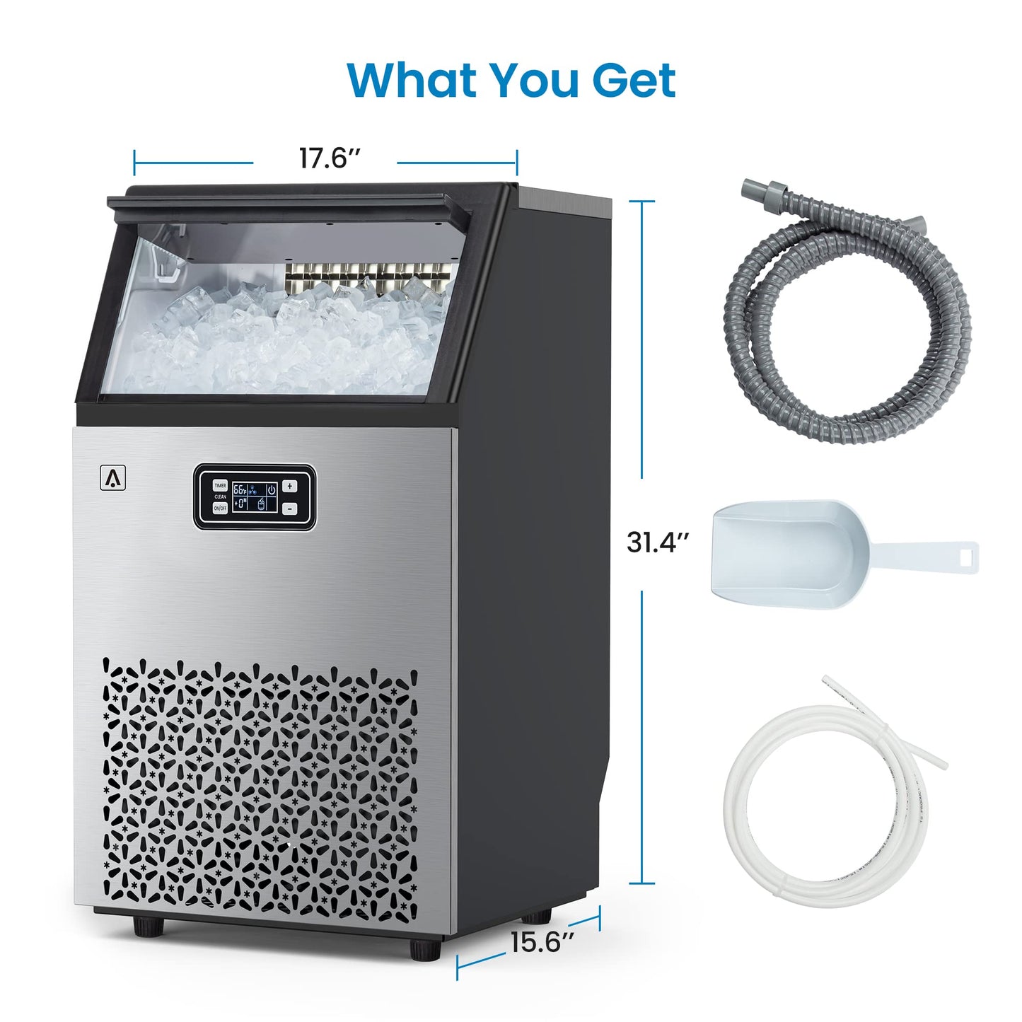Aconee 150LBS/24H Commercial Ice Maker, Ice Maker Machine with 33LBS Storage Capacity, Stainless Steel Ice Machine for Undercounter or Freestanding, Self-Cleaning, 66 Ice Cubes Ready in 5-15Mins