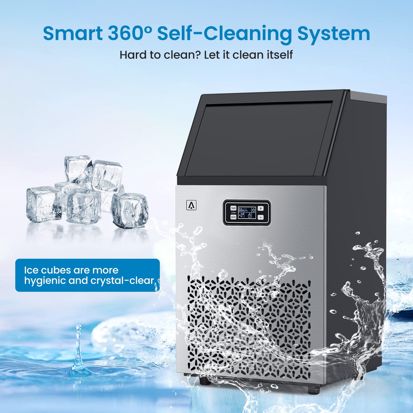 Aconee 150LBS/24H Commercial Ice Maker, Ice Maker Machine with 33LBS Storage Capacity, Stainless Steel Ice Machine for Undercounter or Freestanding, Self-Cleaning, 66 Ice Cubes Ready in 5-15Mins