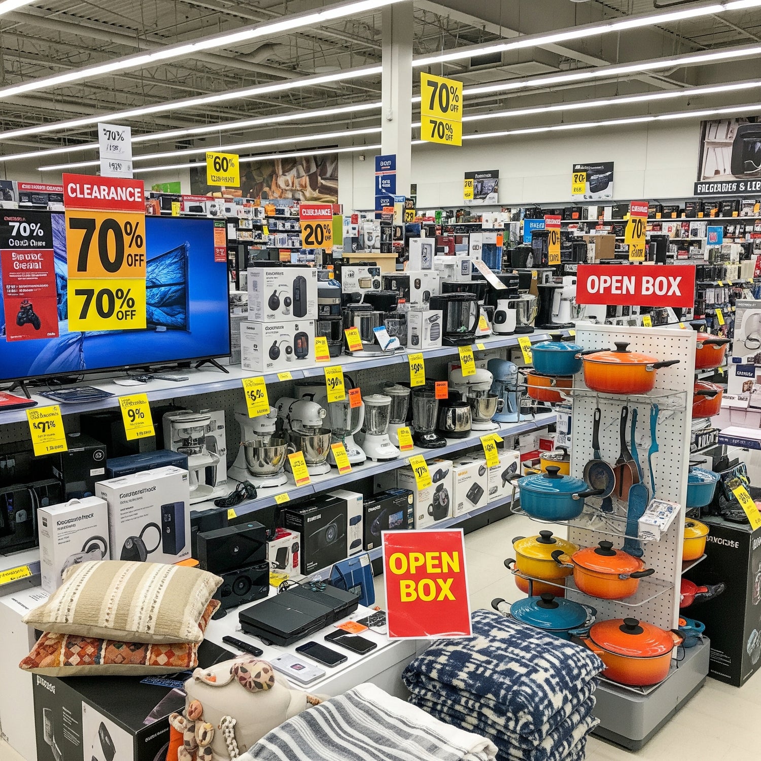 Store interior with electronics, kitchen appliances, and home goods on display.