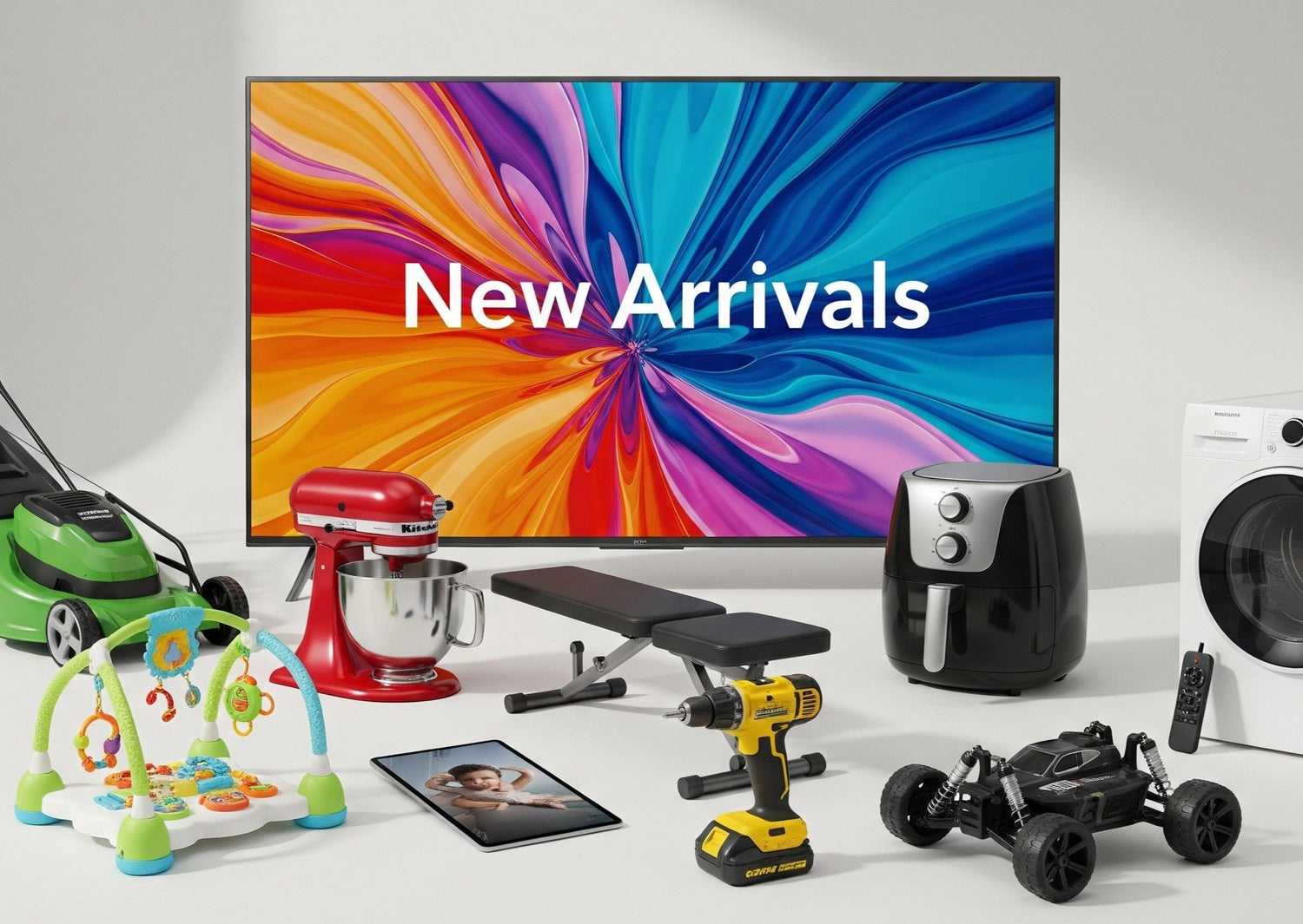 Assorted home appliances and toys with a colorful 'New Arrivals' TV screen in the background.