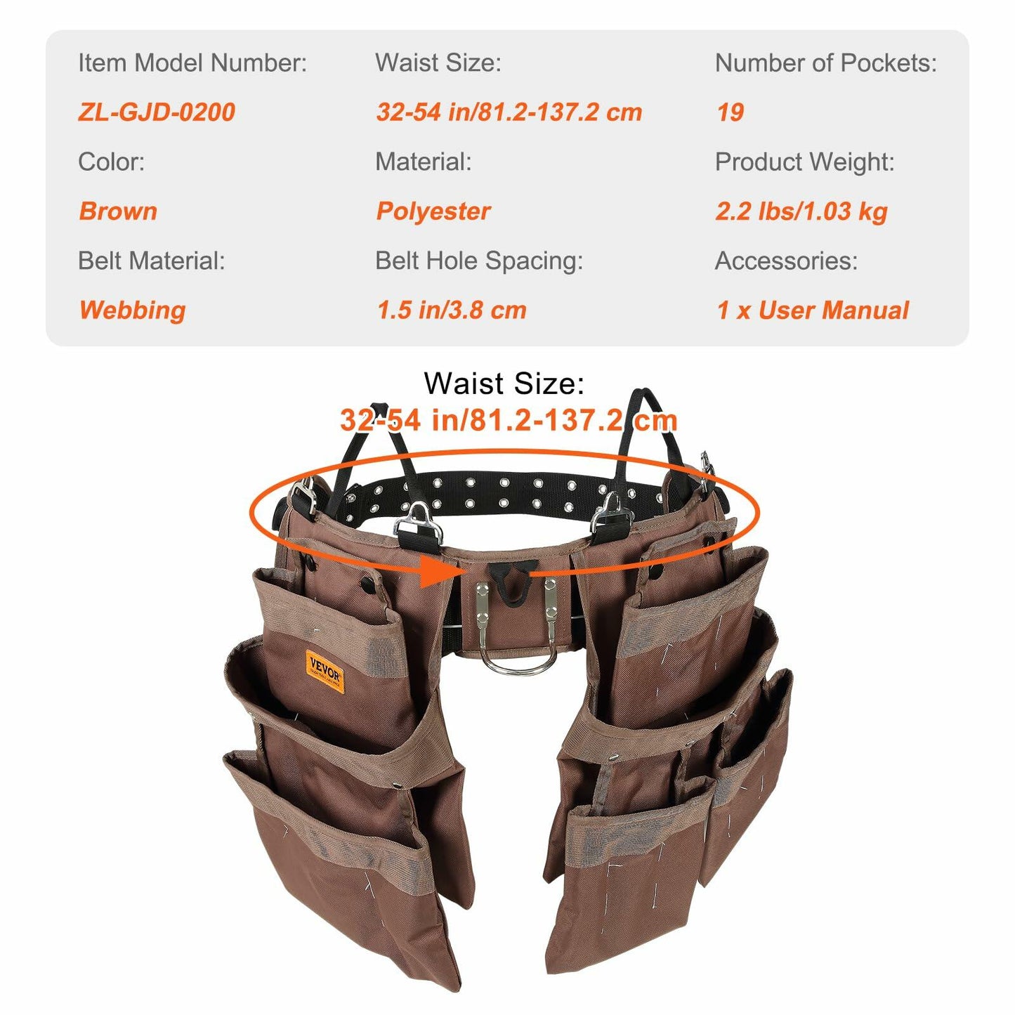 VEVOR Tool Belt, 19 Pockets, Adjusts from 32 Inches to 54 Inches, Polyester Heavy Duty Tool Pouch Bag, Detachable Tool Bag for Electrician, Carpenter, Handyman, Woodworker, Construction, Framer, Brown