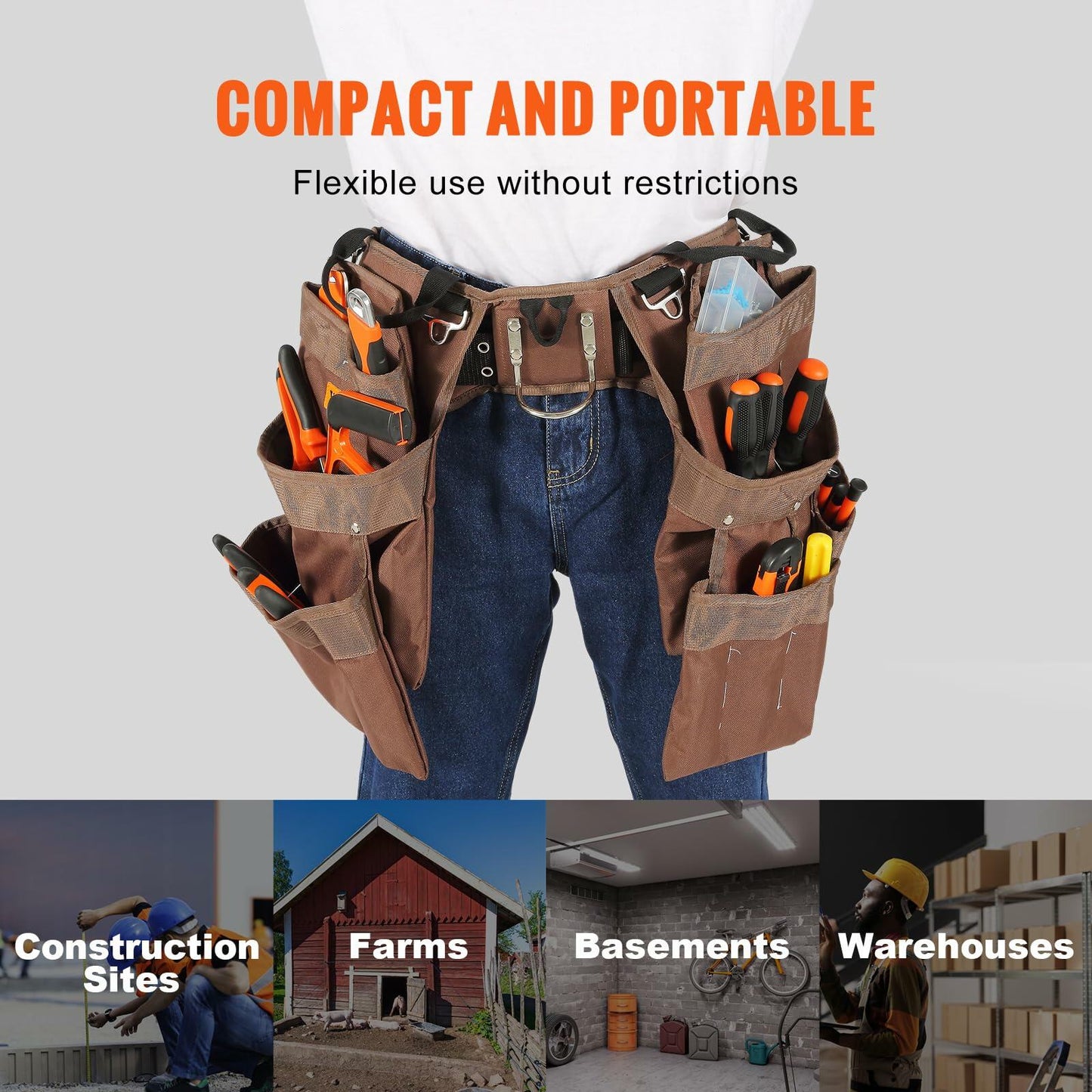 VEVOR Tool Belt, 19 Pockets, Adjusts from 32 Inches to 54 Inches, Polyester Heavy Duty Tool Pouch Bag, Detachable Tool Bag for Electrician, Carpenter, Handyman, Woodworker, Construction, Framer, Brown