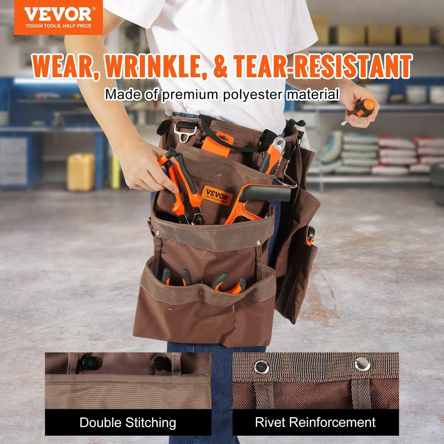 VEVOR Tool Belt, 19 Pockets, Adjusts from 32 Inches to 54 Inches, Polyester Heavy Duty Tool Pouch Bag, Detachable Tool Bag for Electrician, Carpenter, Handyman, Woodworker, Construction, Framer, Brown