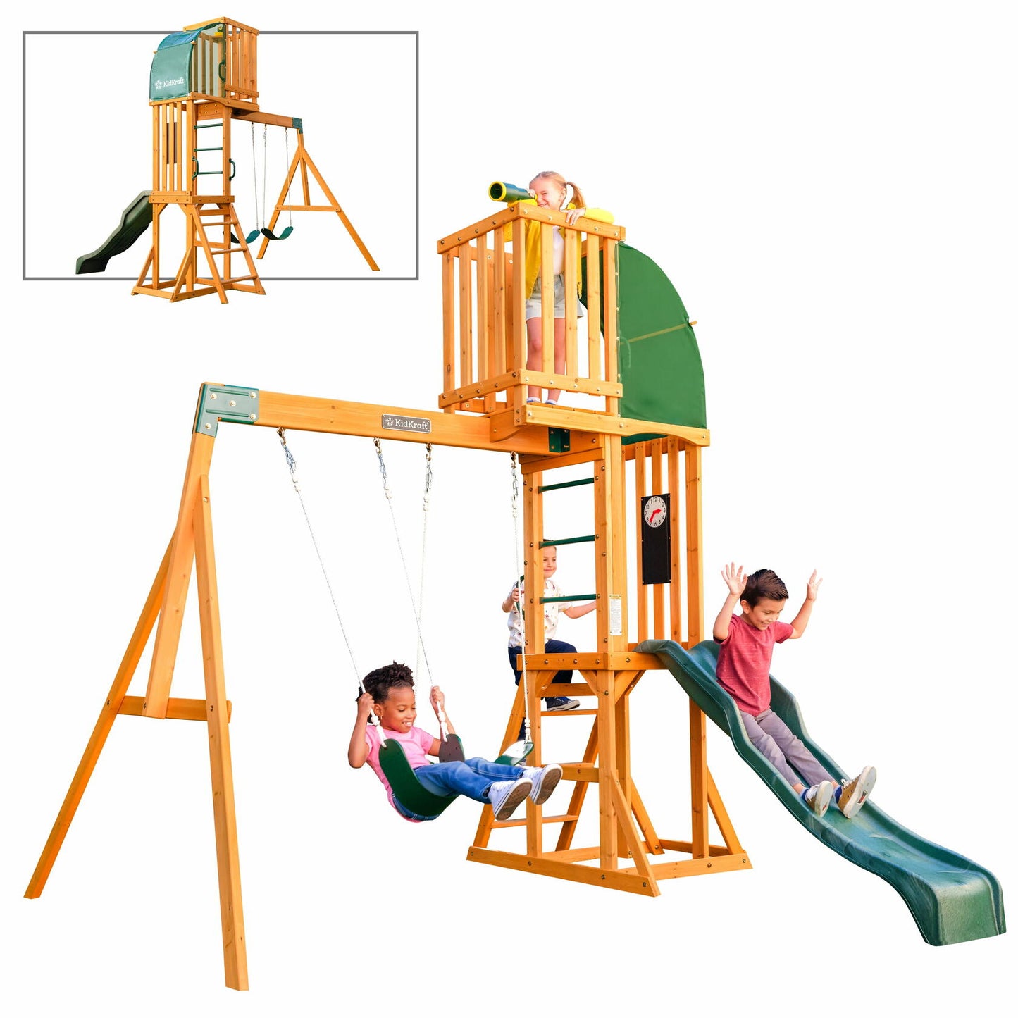 KidKraft Hawk Tower Wooden Swing Set with Slide and 2 Belt Swings, 9.9 feet Tall