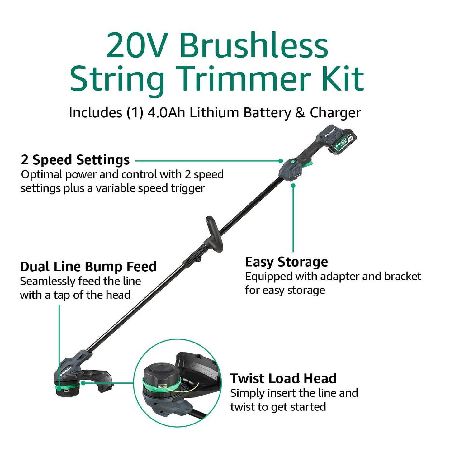 Amazon Brand - Denali by SKIL 20V Brushless 13-Inch String Trimmer Kit, Includes 4.0Ah Battery & Charger, Blue