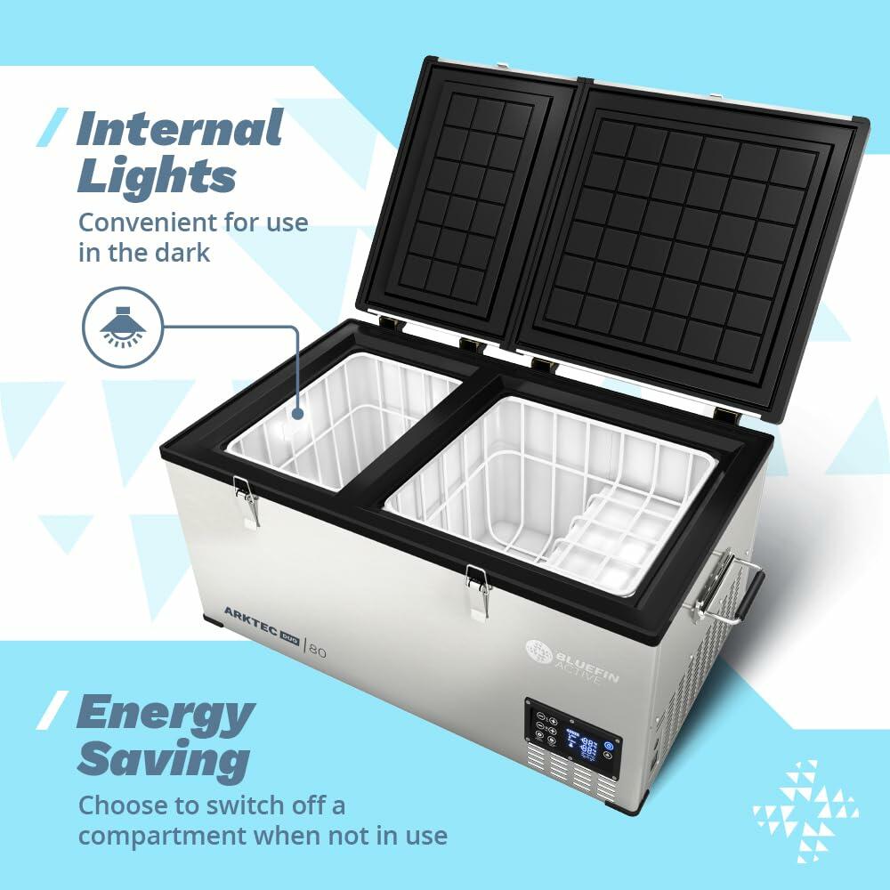 Bluefin Active Arktec Duo 80L | Portable Travel Fridge | Advanced Cooling & Freezing Technology | Energy Efficient Charging | Dual Storage Compartments | Smartphone App Control | LCD | AC & DC