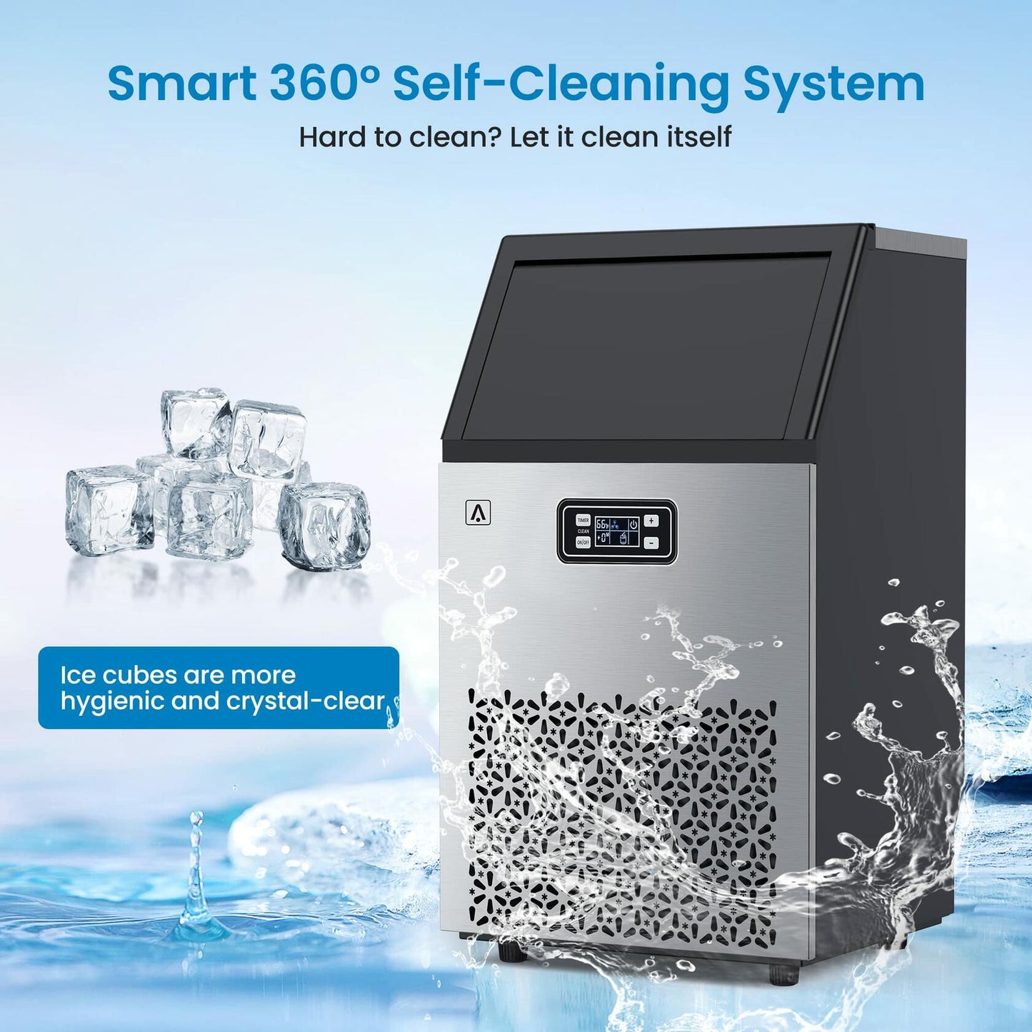 Aconee 150LBS/24H Commercial Ice Maker, Ice Maker Machine with 33LBS Storage Capacity, Stainless Steel Ice Machine for Undercounter or Freestanding, Self-Cleaning, 66 Ice Cubes Ready in 5-15Mins