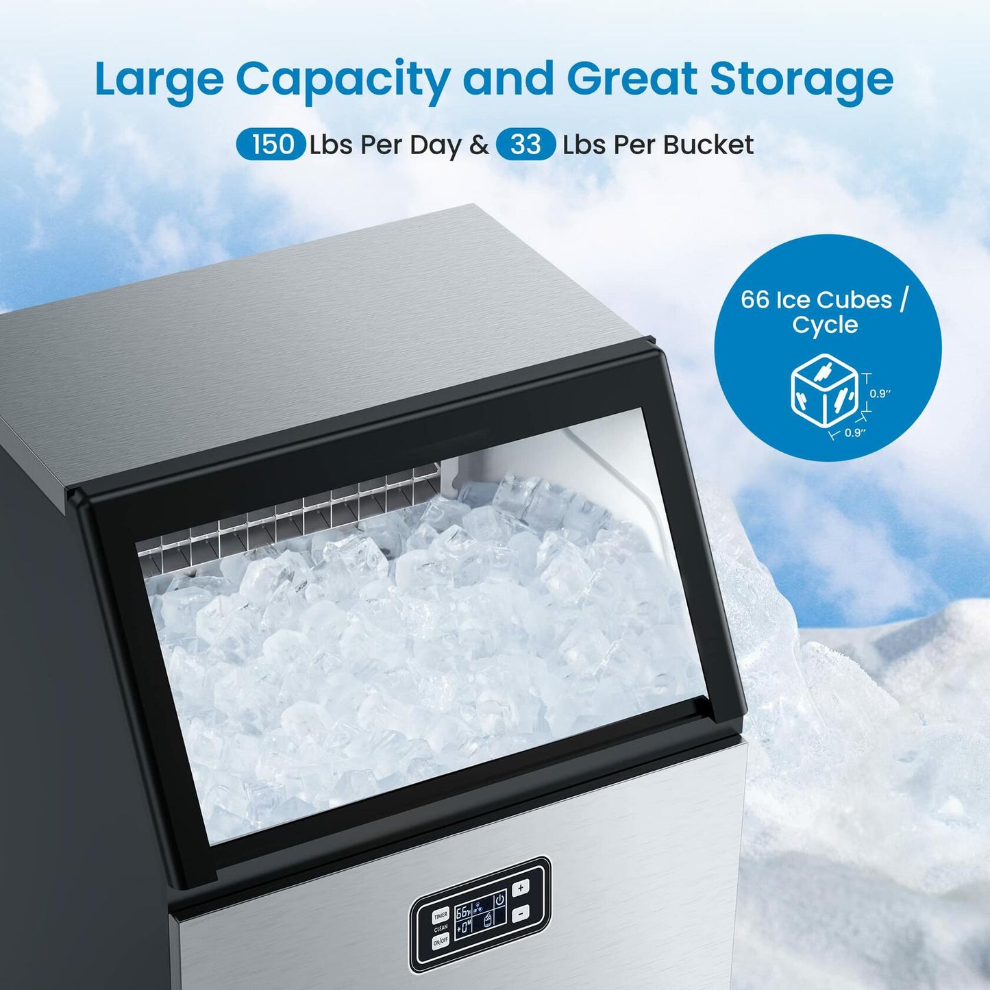 Aconee 150LBS/24H Commercial Ice Maker, Ice Maker Machine with 33LBS Storage Capacity, Stainless Steel Ice Machine for Undercounter or Freestanding, Self-Cleaning, 66 Ice Cubes Ready in 5-15Mins