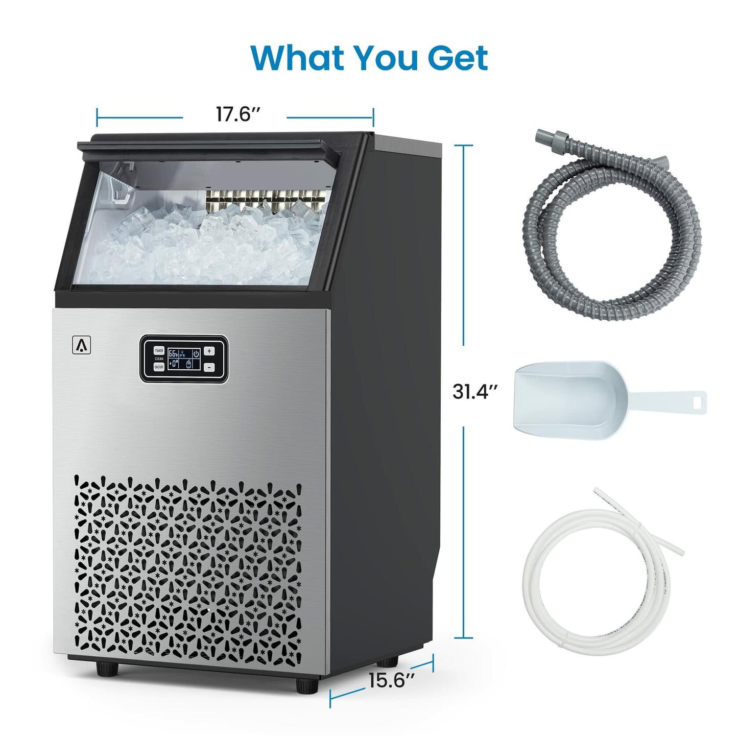 Aconee 150LBS/24H Commercial Ice Maker, Ice Maker Machine with 33LBS Storage Capacity, Stainless Steel Ice Machine for Undercounter or Freestanding, Self-Cleaning, 66 Ice Cubes Ready in 5-15Mins