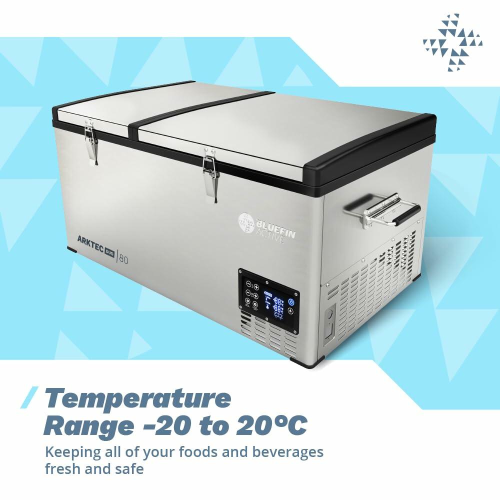 Bluefin Active Arktec Duo 80L | Portable Travel Fridge | Advanced Cooling & Freezing Technology | Energy Efficient Charging | Dual Storage Compartments | Smartphone App Control | LCD | AC & DC