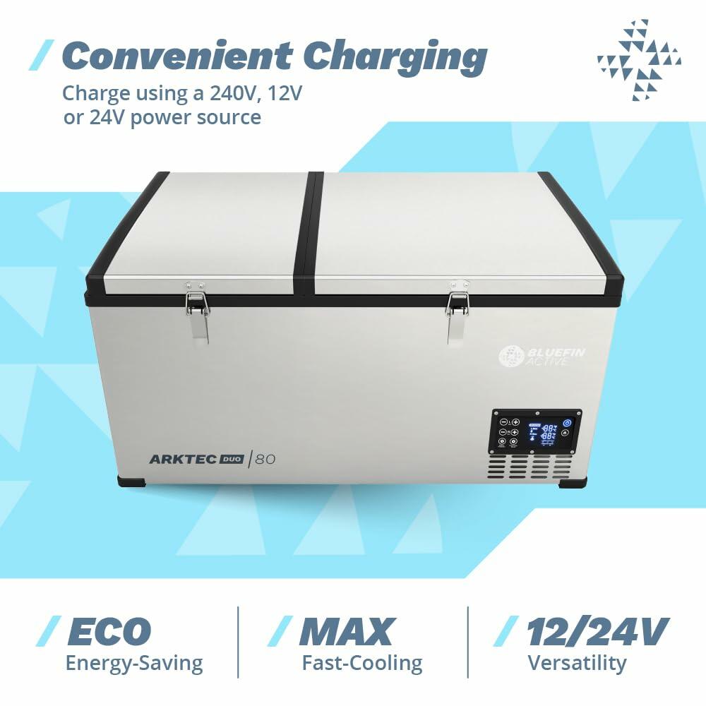 Bluefin Active Arktec Duo 80L | Portable Travel Fridge | Advanced Cooling & Freezing Technology | Energy Efficient Charging | Dual Storage Compartments | Smartphone App Control | LCD | AC & DC