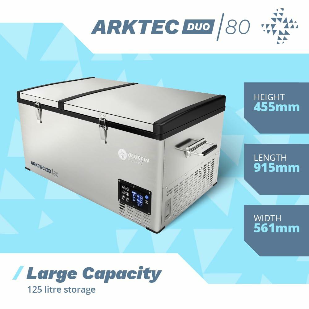 Bluefin Active Arktec Duo 80L | Portable Travel Fridge | Advanced Cooling & Freezing Technology | Energy Efficient Charging | Dual Storage Compartments | Smartphone App Control | LCD | AC & DC
