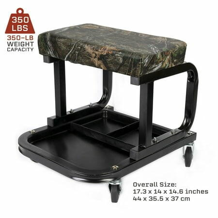 Mossy Oak Rolling Mechanic Stool with Tool Tray, 350 lb Capacity, Creeper, Padded, Camo print