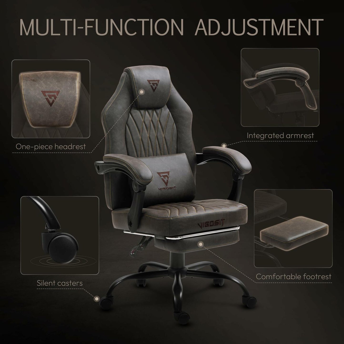 Vigosit High-Back Gaming Chair – Adjustable Ergonomic Computer Chair with Vintage Leather, Lumbar Massage Function & Pull-Out Footrest for Home & Office (Basic Brown)