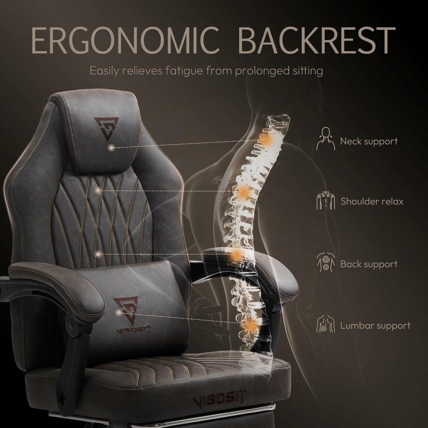 Vigosit High-Back Gaming Chair – Adjustable Ergonomic Computer Chair with Vintage Leather, Lumbar Massage Function & Pull-Out Footrest for Home & Office (Basic Brown)