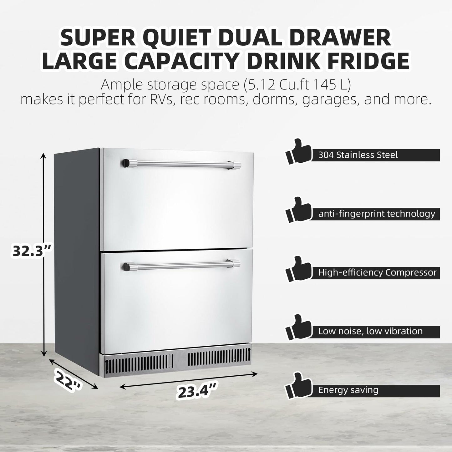 CuisinAid 24 inch Undercounter Refrigerator, 5.12 Cu.Ft Outdoor Fridge for Patio, Wine and Beverage Refrigerator, Drawer Refrigerator Under Counter Fridge Ideal for Home and Commercial