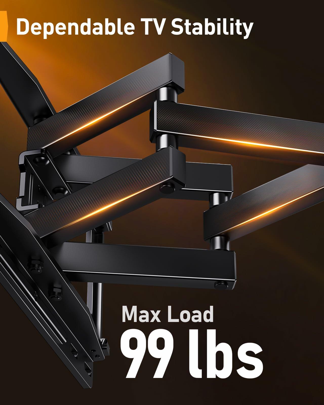 Perlegear Pre-Assembled TV Wall Mount with LED Lights for 26-65 inch TVs up to 99 lbs, Swivel, Extension, Tilt, TV Backlights with Music Sync, Fits 16”/12” Wood Studs, Max VESA 400x400mm, PGMF20