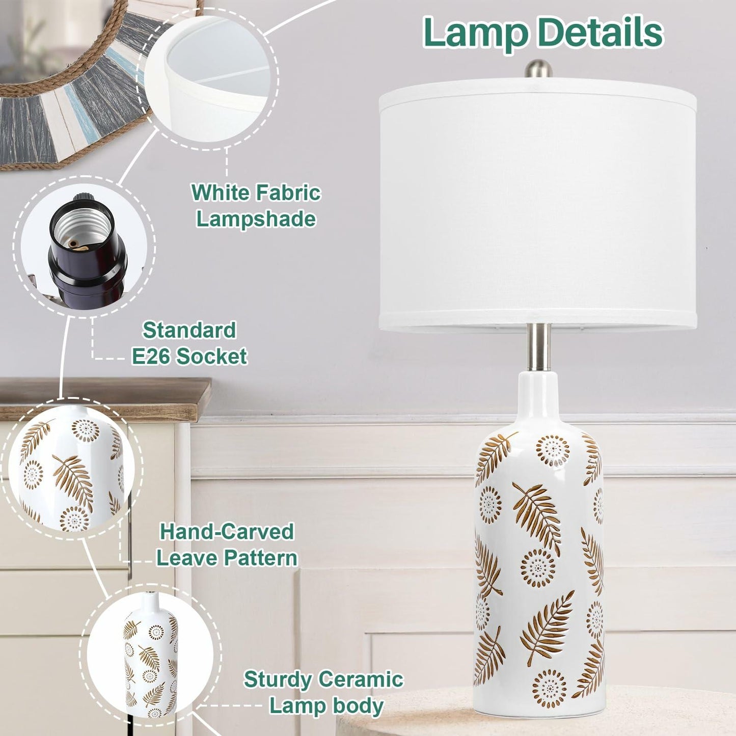 TOBUSA Farmhouse Ceramic Table Lamps Set of 2, 25in White Ceramic Bedside Lamps with Handmade Carved Patterns, Rustic Modern Tall Living Room Nightstand Lamp Sets for End Table Reading Dorm Desk