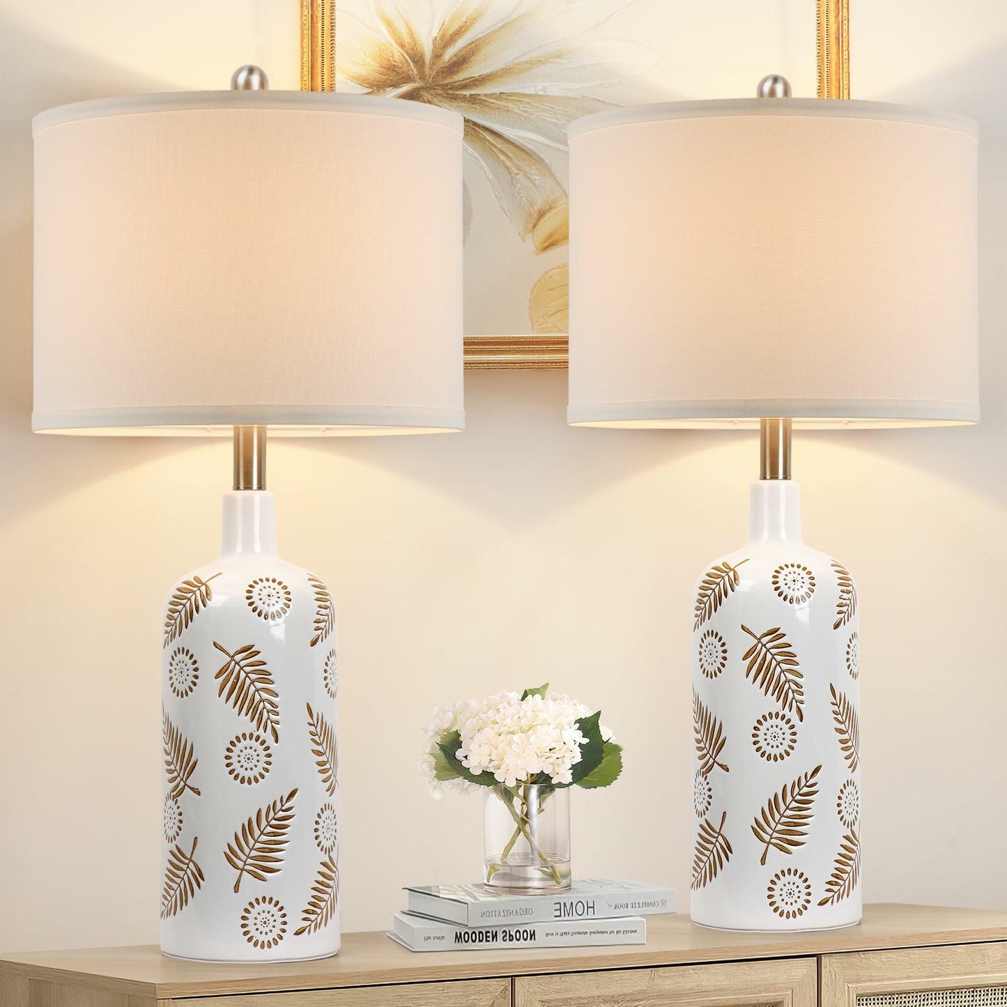 TOBUSA Farmhouse Ceramic Table Lamps Set of 2, 25in White Ceramic Bedside Lamps with Handmade Carved Patterns, Rustic Modern Tall Living Room Nightstand Lamp Sets for End Table Reading Dorm Desk