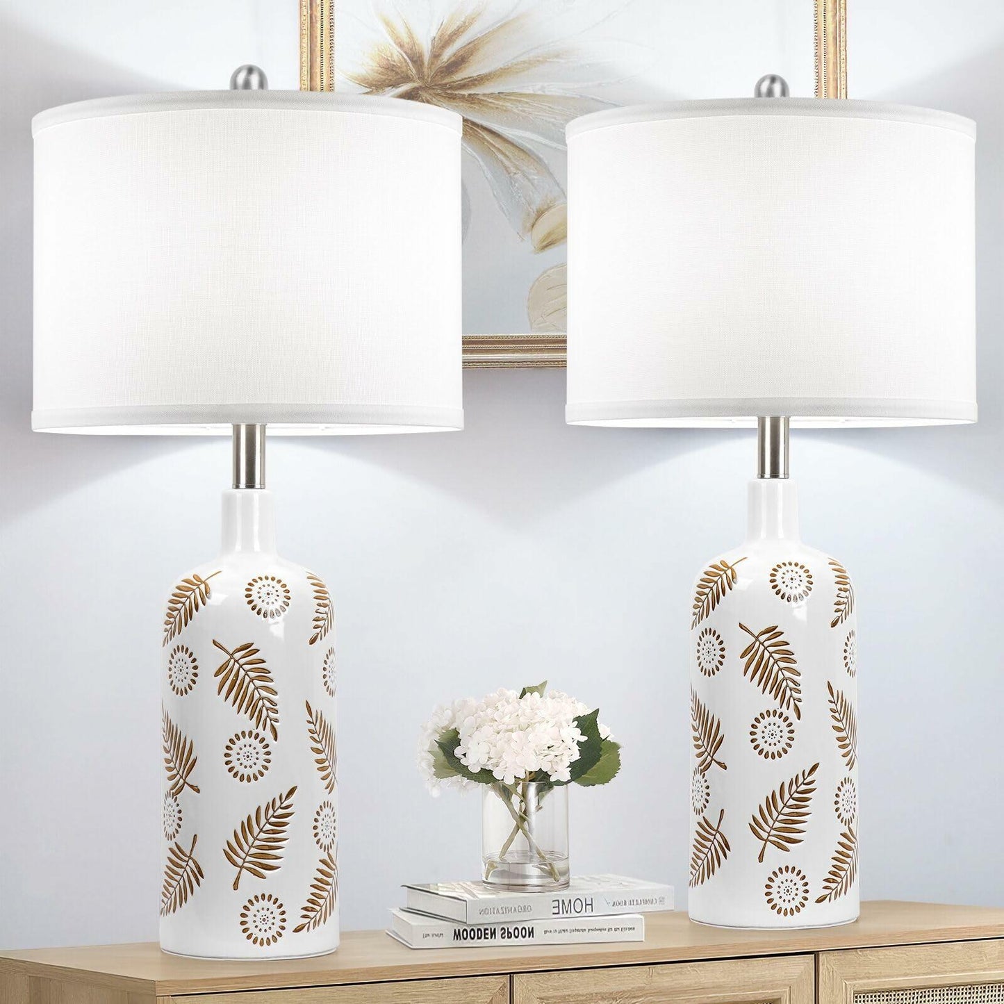 TOBUSA Farmhouse Ceramic Table Lamps Set of 2, 25in White Ceramic Bedside Lamps with Handmade Carved Patterns, Rustic Modern Tall Living Room Nightstand Lamp Sets for End Table Reading Dorm Desk