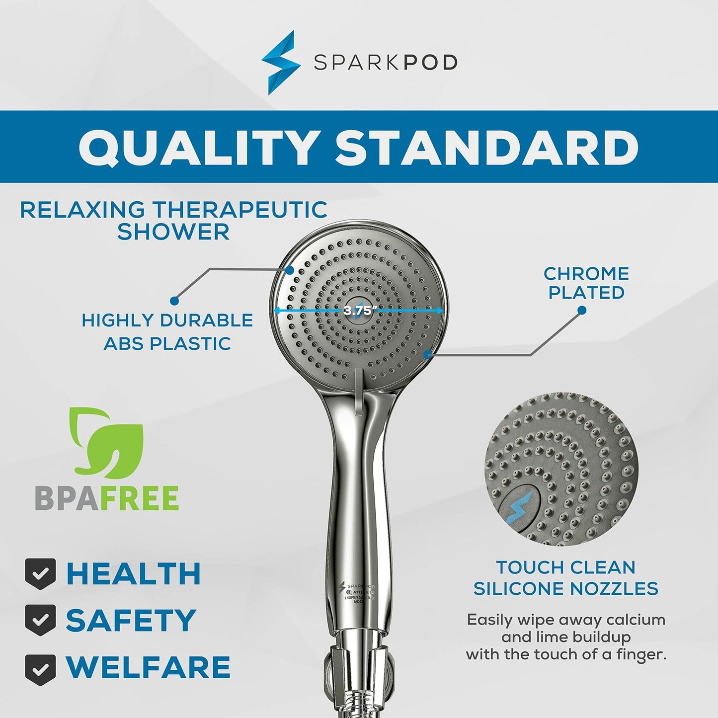 SparkPod High Pressure 3-Function Handheld Shower Head with 5 ft. Hose and Bracket - 3.75" Wide Angle Rain, Massage & Full Body Spray Modes - Luxury Design - Tool-less 1-Min Installation (Chrome)
