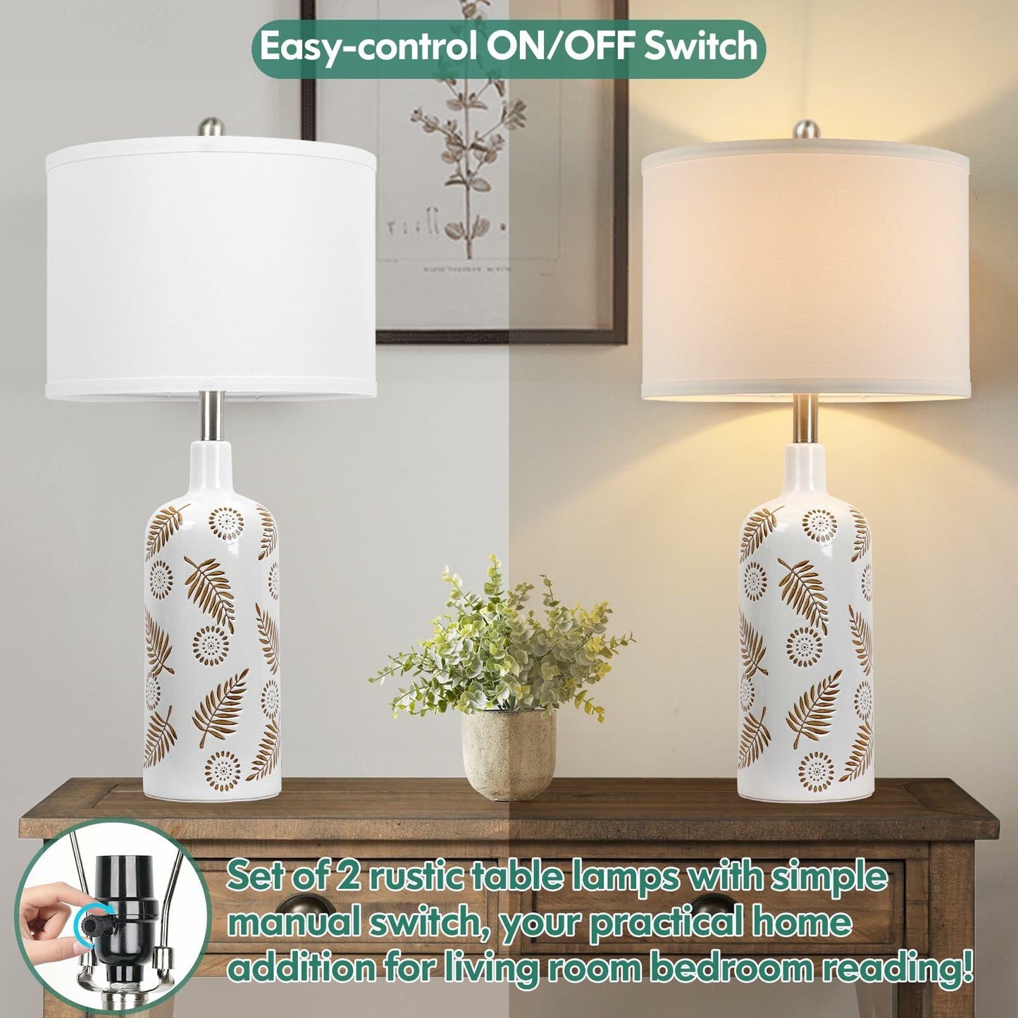 TOBUSA Farmhouse Ceramic Table Lamps Set of 2, 25in White Ceramic Bedside Lamps with Handmade Carved Patterns, Rustic Modern Tall Living Room Nightstand Lamp Sets for End Table Reading Dorm Desk