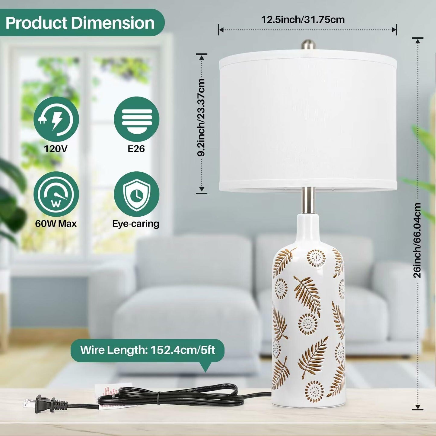 TOBUSA Farmhouse Ceramic Table Lamps Set of 2, 25in White Ceramic Bedside Lamps with Handmade Carved Patterns, Rustic Modern Tall Living Room Nightstand Lamp Sets for End Table Reading Dorm Desk