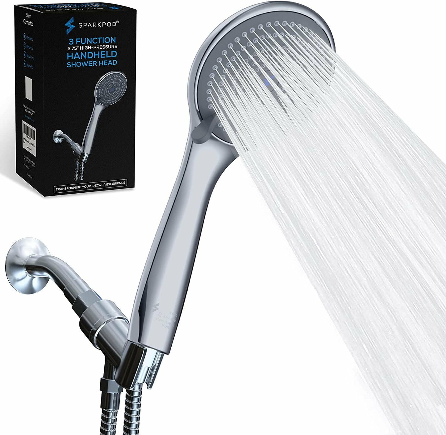 SparkPod High Pressure 3-Function Handheld Shower Head with 5 ft. Hose and Bracket - 3.75" Wide Angle Rain, Massage & Full Body Spray Modes - Luxury Design - Tool-less 1-Min Installation (Chrome)
