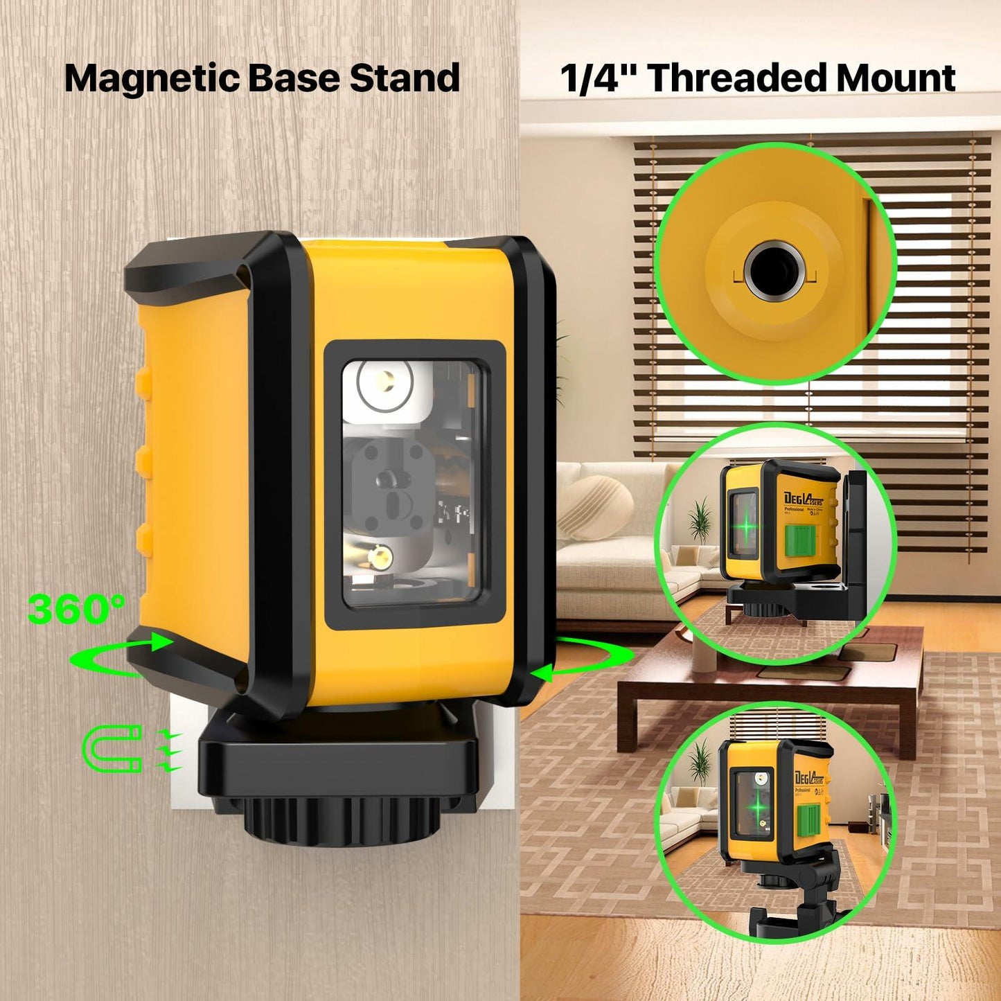 Self Leveling Laser Level,DEGLASERS 100ft Green Cross Line Laser Level,3 Brightness Adjustment,Manual Self leveling and Pulse Mode,IP54 Waterproof,Magnetic Bracket,Battery,Carrying Bag Included
