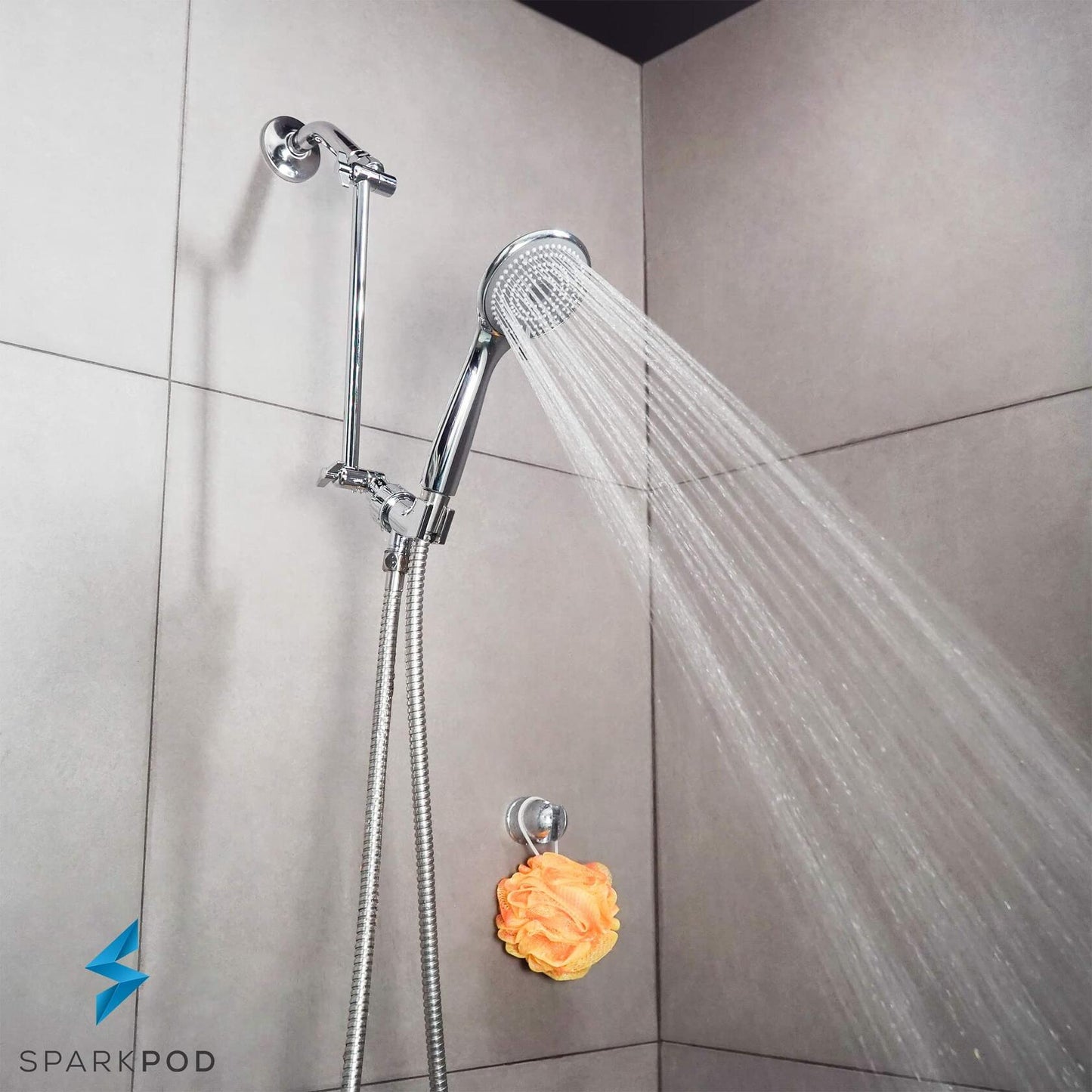SparkPod High Pressure 3-Function Handheld Shower Head with 5 ft. Hose and Bracket - 3.75" Wide Angle Rain, Massage & Full Body Spray Modes - Luxury Design - Tool-less 1-Min Installation (Chrome)