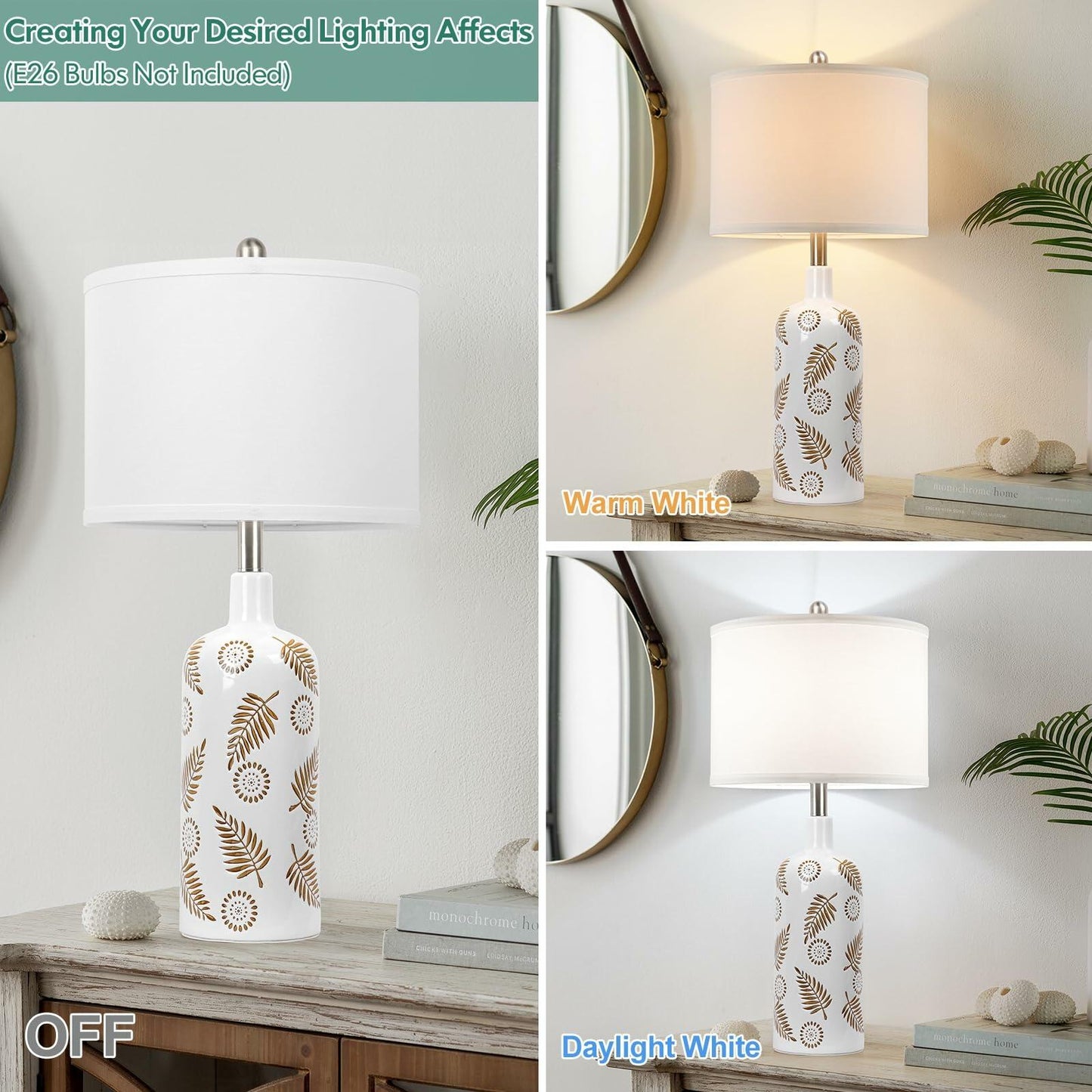 TOBUSA Farmhouse Ceramic Table Lamps Set of 2, 25in White Ceramic Bedside Lamps with Handmade Carved Patterns, Rustic Modern Tall Living Room Nightstand Lamp Sets for End Table Reading Dorm Desk