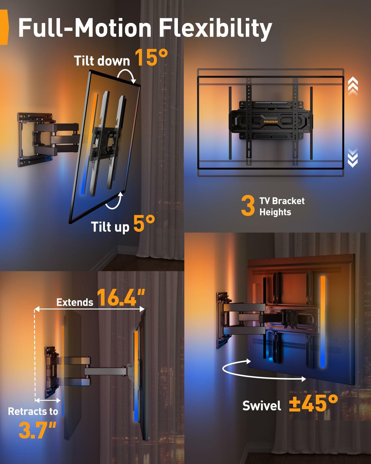 Perlegear Pre-Assembled TV Wall Mount with LED Lights for 26-65 inch TVs up to 99 lbs, Swivel, Extension, Tilt, TV Backlights with Music Sync, Fits 16”/12” Wood Studs, Max VESA 400x400mm, PGMF20