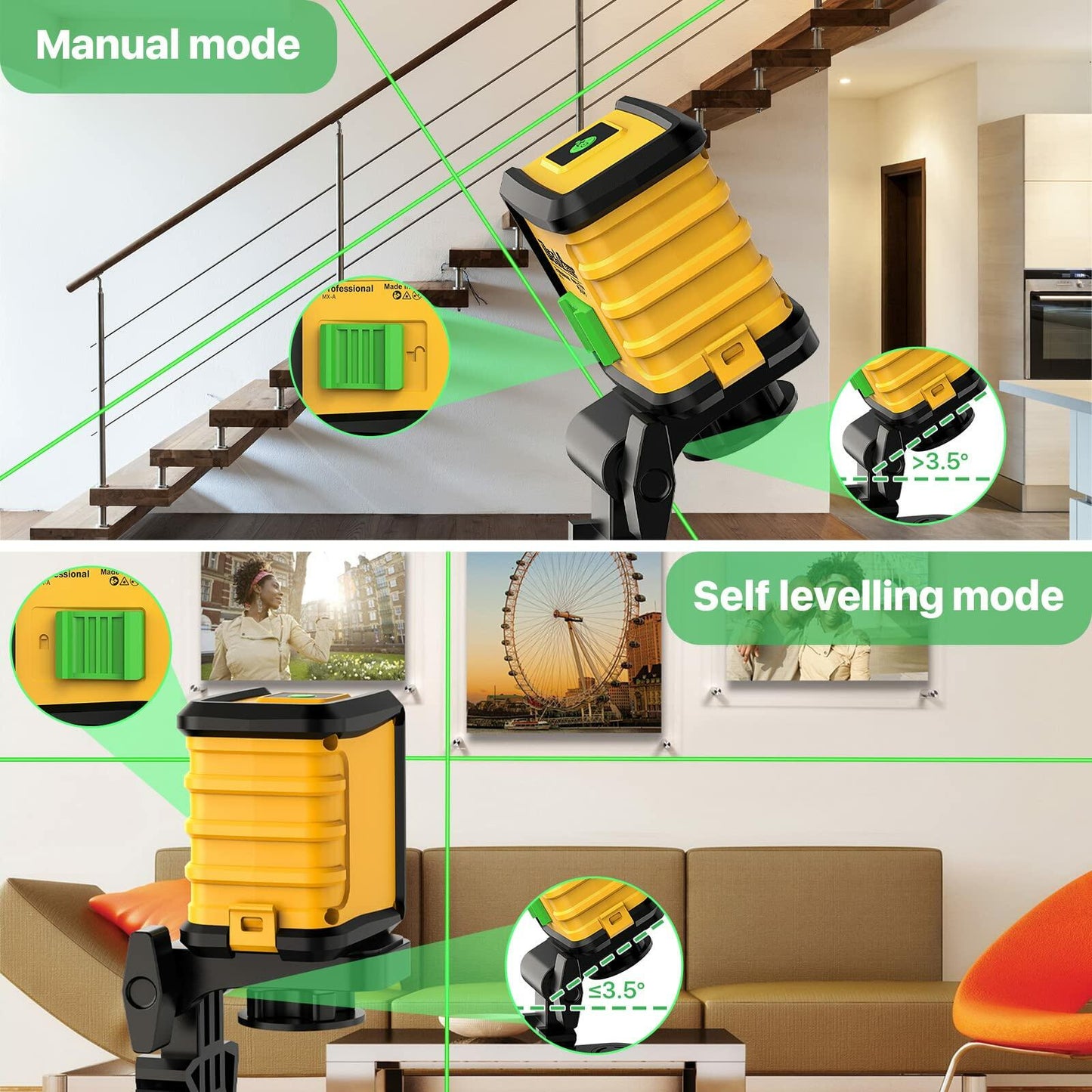 Self Leveling Laser Level,DEGLASERS 100ft Green Cross Line Laser Level,3 Brightness Adjustment,Manual Self leveling and Pulse Mode,IP54 Waterproof,Magnetic Bracket,Battery,Carrying Bag Included