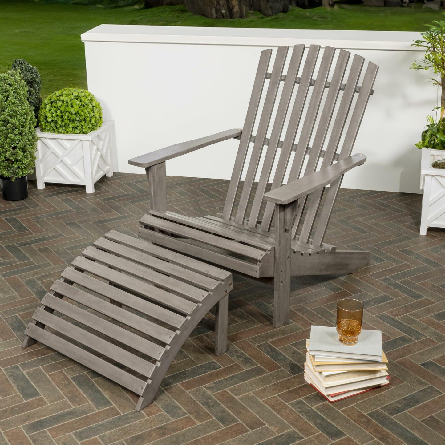 Saranac 2-Piece Traditional Rustic Acacia Wood Adirondack Chair with Detachable Ottoman, Gray Wash