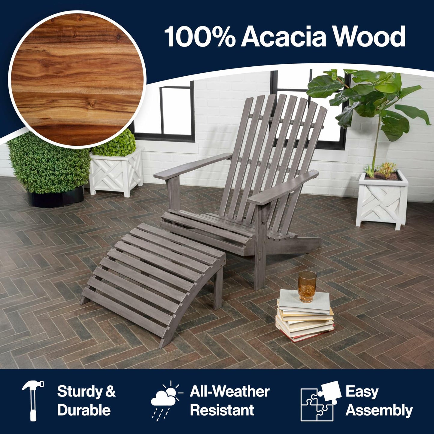 Saranac 2-Piece Traditional Rustic Acacia Wood Adirondack Chair with Detachable Ottoman, Gray Wash