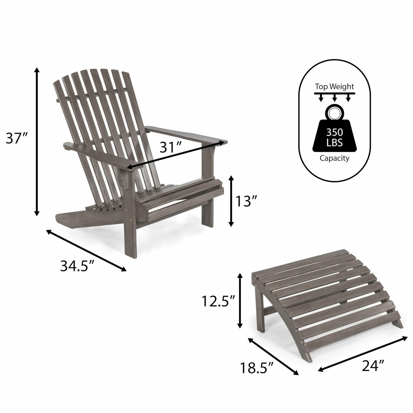 Saranac 2-Piece Traditional Rustic Acacia Wood Adirondack Chair with Detachable Ottoman, Gray Wash