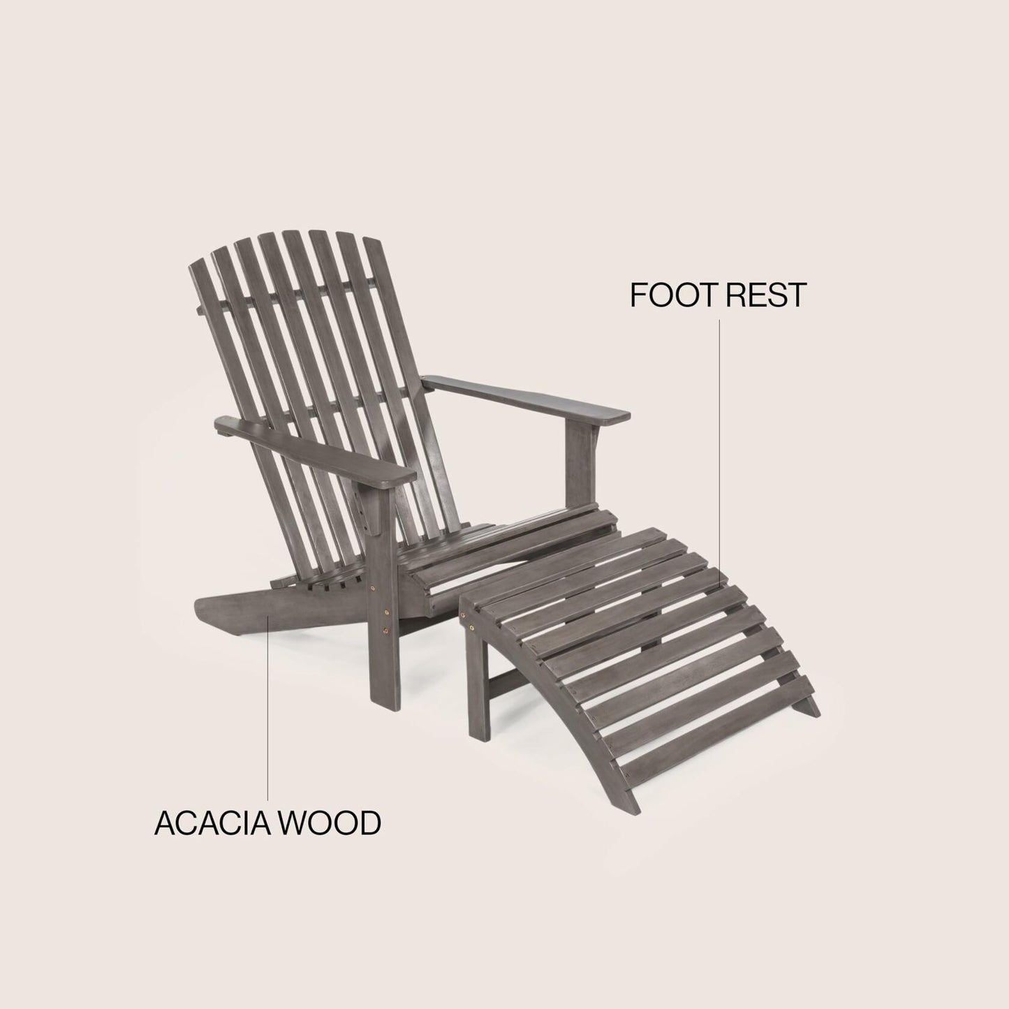 Saranac 2-Piece Traditional Rustic Acacia Wood Adirondack Chair with Detachable Ottoman, Gray Wash