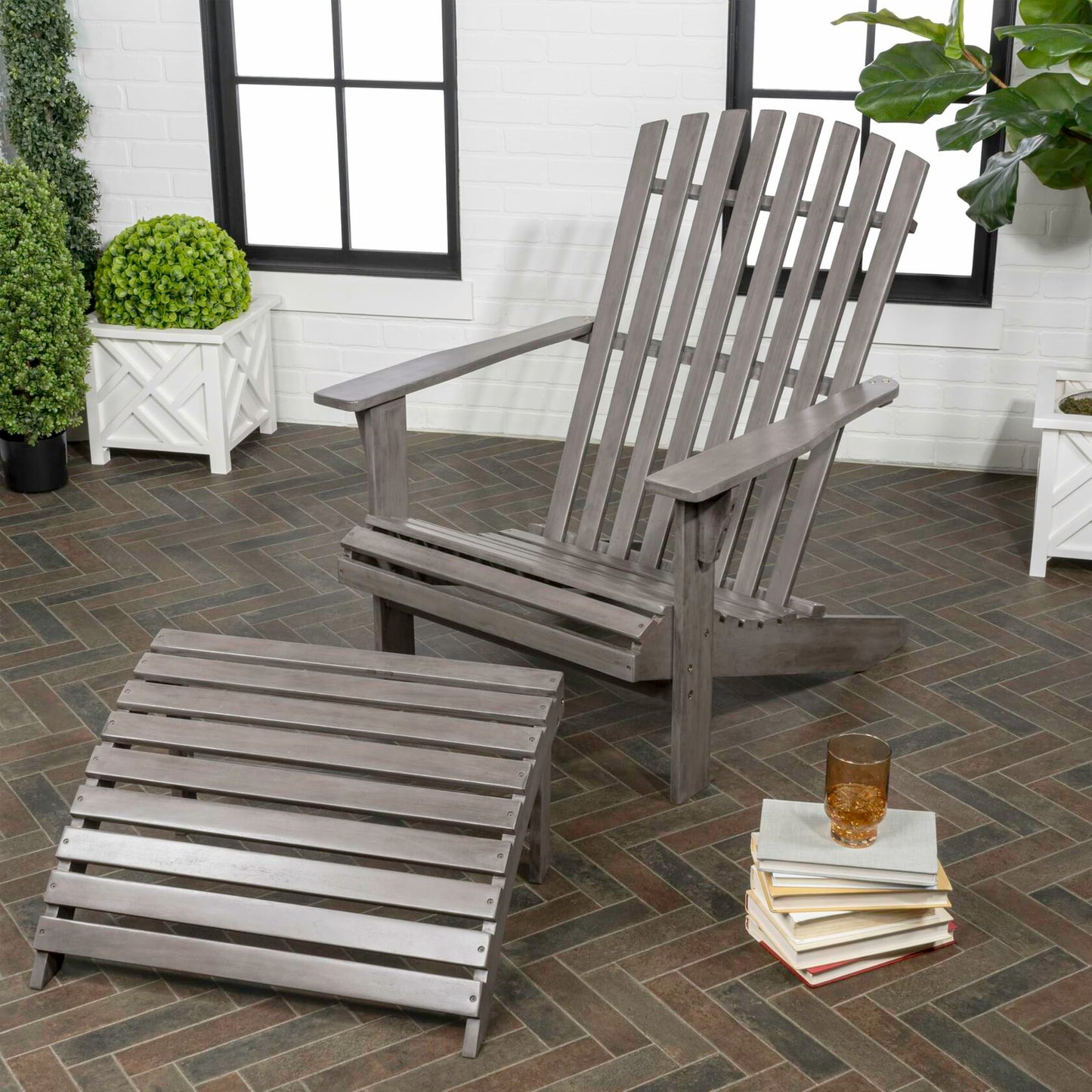 Saranac 2-Piece Traditional Rustic Acacia Wood Adirondack Chair with Detachable Ottoman, Gray Wash