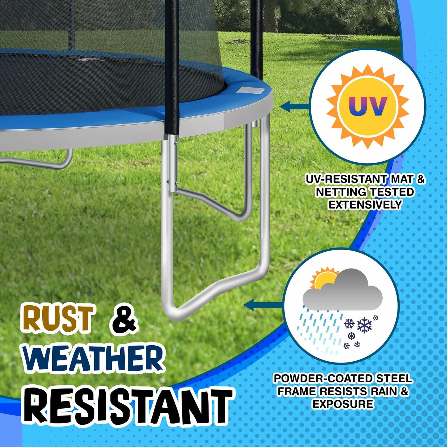 TruJump Outdoor Kids Trampoline with Heavy Duty Galvanized Rust Resistent Steel Frame: Safety Enclosure Net, ASTM Safety Standards, 14FT Round - Blue