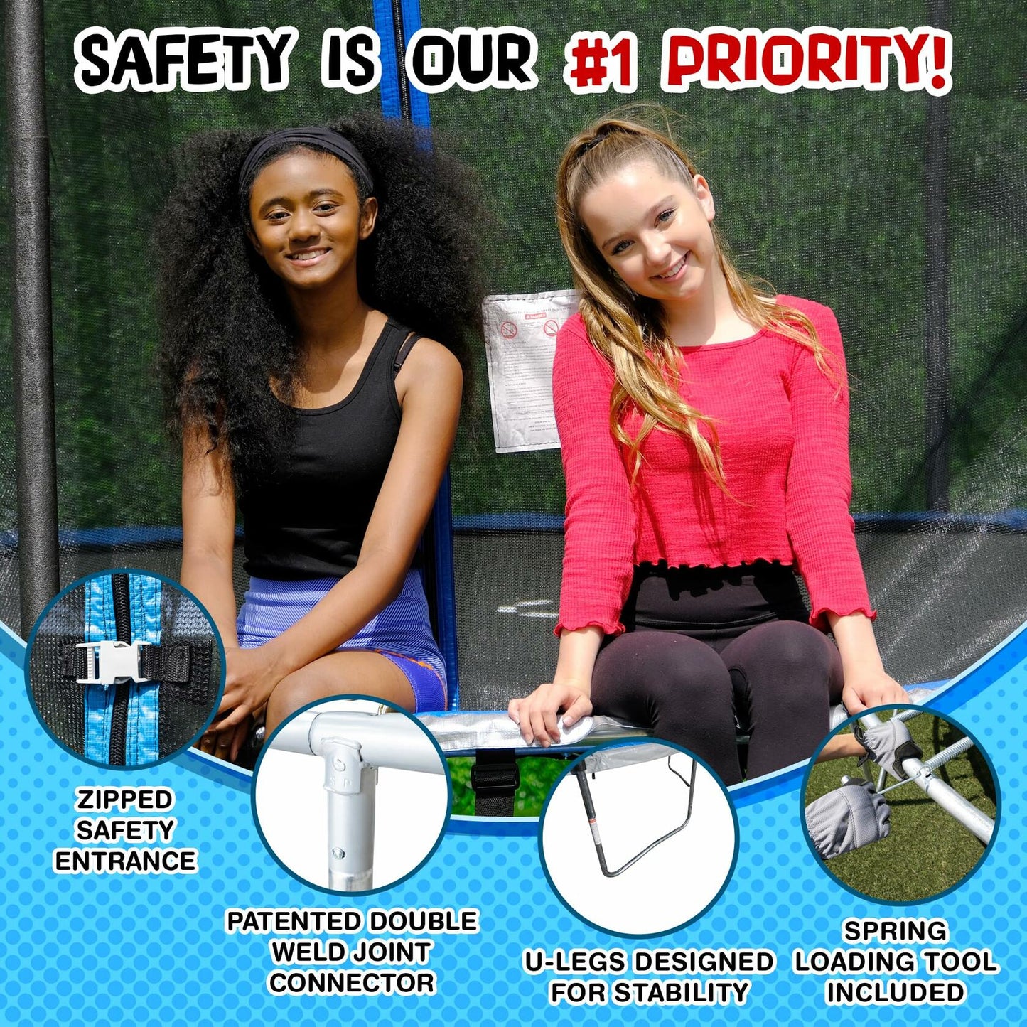 TruJump Outdoor Kids Trampoline with Heavy Duty Galvanized Rust Resistent Steel Frame: Safety Enclosure Net, ASTM Safety Standards, 14FT Round - Blue