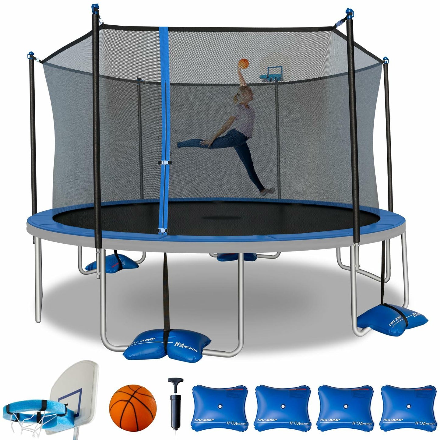 TruJump Outdoor Kids Trampoline with Heavy Duty Galvanized Rust Resistent Steel Frame: Safety Enclosure Net, ASTM Safety Standards, 14FT Round - Blue