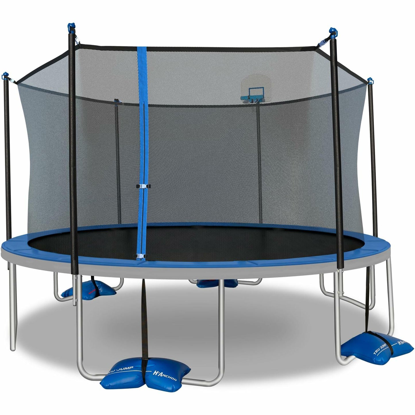 TruJump Outdoor Kids Trampoline with Heavy Duty Galvanized Rust Resistent Steel Frame: Safety Enclosure Net, ASTM Safety Standards, 14FT Round - Blue