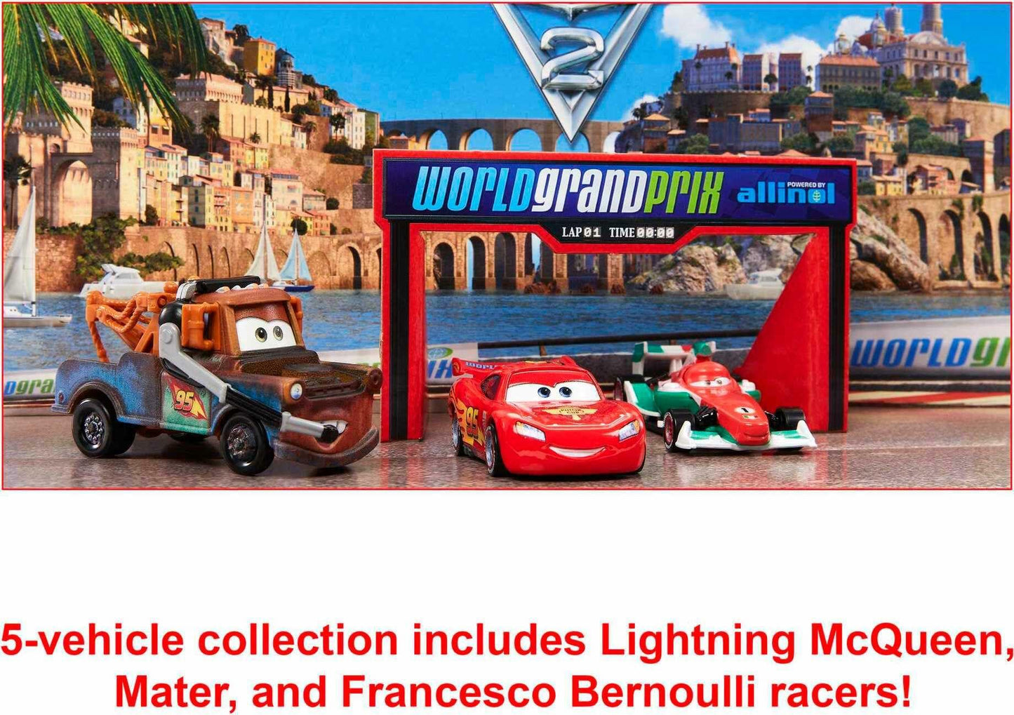 Disney Pixar Cars 2 Vehicle Set of 5 Collectible Character Toy Cars with Die-Cast Tool Cart