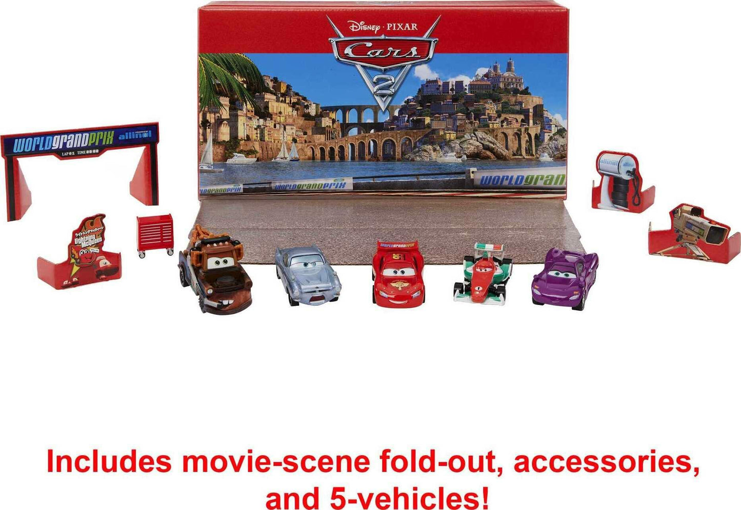 Disney Pixar Cars 2 Vehicle Set of 5 Collectible Character Toy Cars with Die-Cast Tool Cart