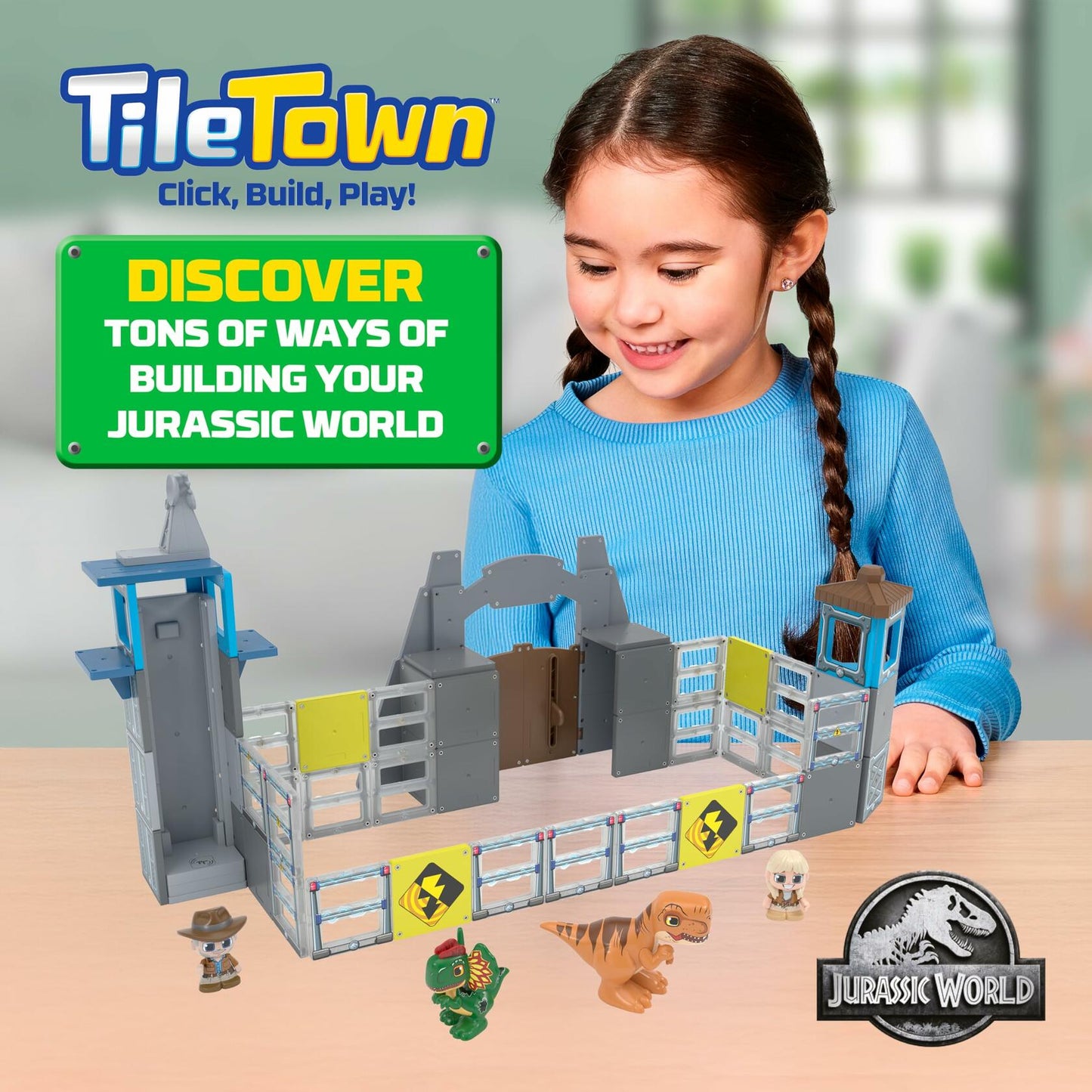 Tile Town Jurassic World Gate Escape Magnetic Tiles Set, 84 Piece Interactive Dinosaur STEM Toys Playset, Magnetic Animal Tiles for Kids Ages 3-6