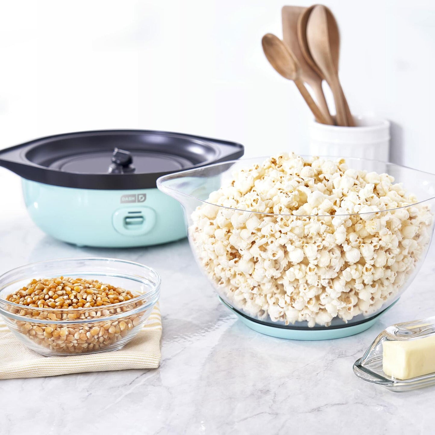 Dash SmartStore Stirring Popcorn Maker, Electric Popcorn Machine with Large Lid for Serving Bowl and Convenient Storage, 24 Cups Aqua
