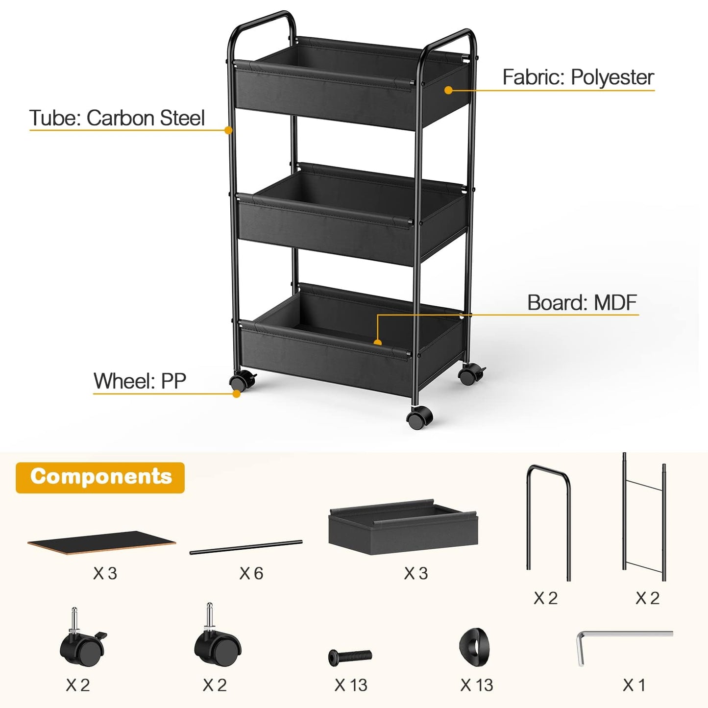 3 Tier Rolling Cart, YASONIC Storage Cart with Handle and Lockable Wheels,