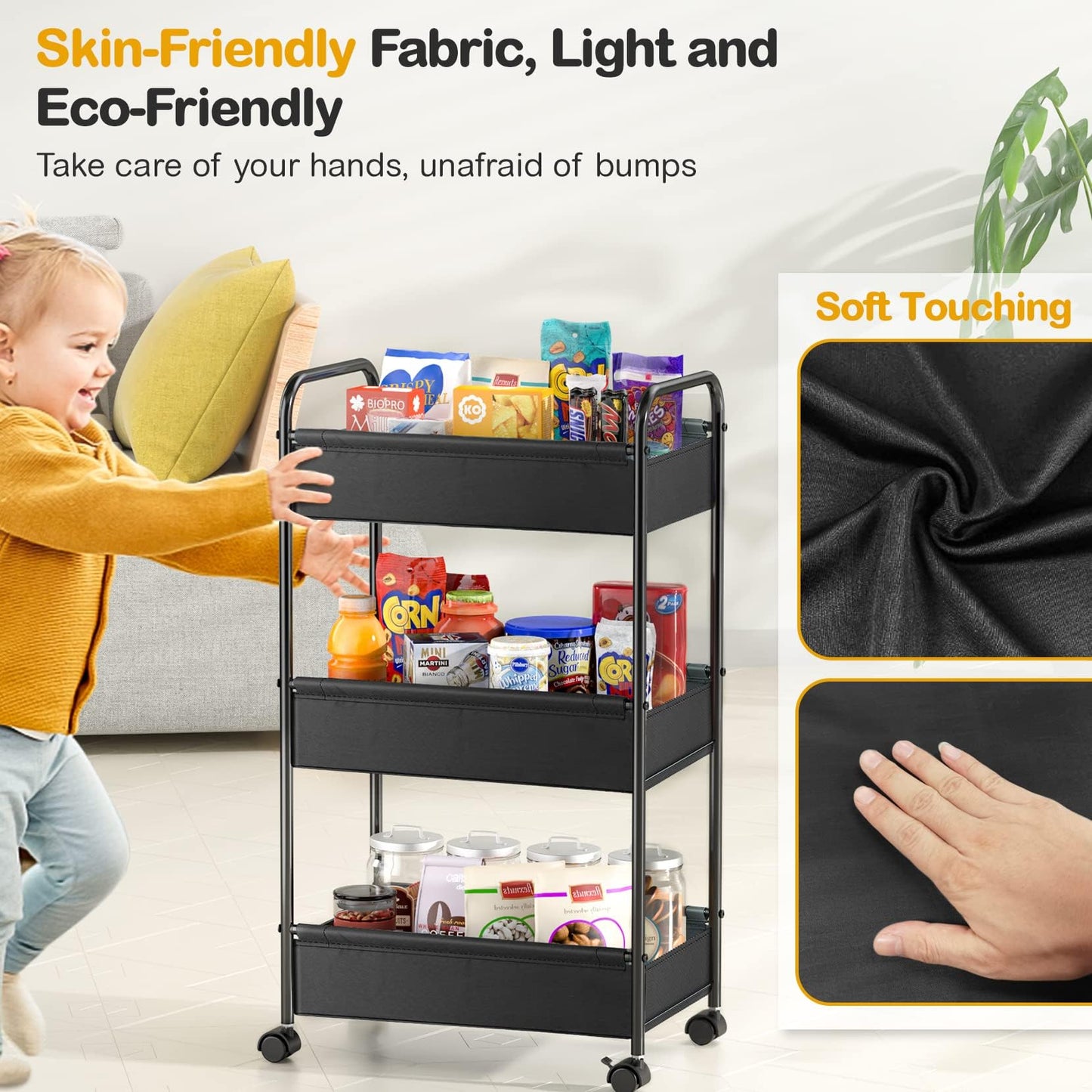3 Tier Rolling Cart, YASONIC Storage Cart with Handle and Lockable Wheels,