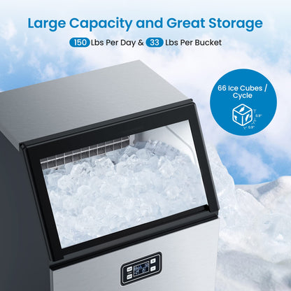 Aconee 150LBS/24H Commercial Ice Maker, Ice Maker Machine with 33LBS Storage Capacity, Stainless Steel Ice Machine for Undercounter or Freestanding, Self-Cleaning, 66 Ice Cubes Ready in 5-15Mins